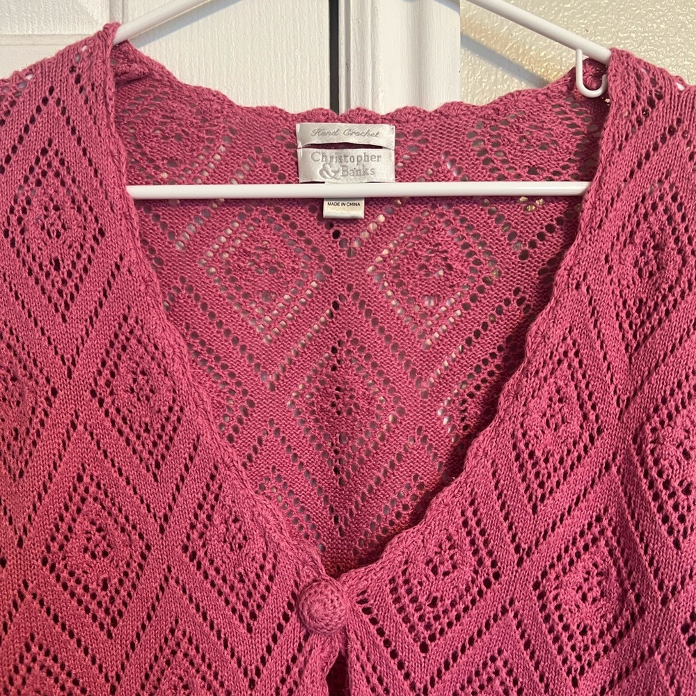 Christopher & Banks Vintage Pink Diamond Hand Crochet Cardigan Scalloped Open - Picture 3 of 6